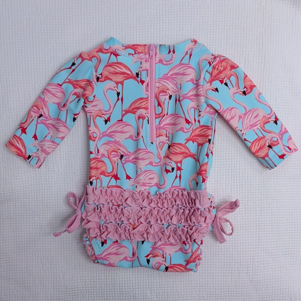 RUFFLEBUTTS Tropical Flamingo Print One-Piece 0-3m Baby Rashguard Ruffles